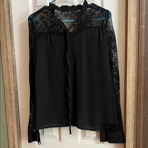 SHEIN Black Lace Blouse with Tie Neck
